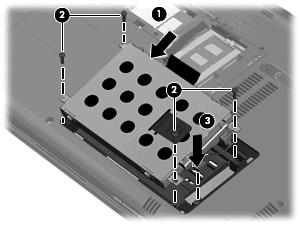 2. Instale os 4 parafusos (2) e, em seguida, volte a ligar o cabo da unidade de disco rígido (3). 3.