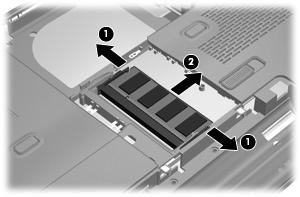 8. Levante a tampa do compartimento do módulo de memória/sem fios (2) e afaste-a do computador. 9. Remova o módulo de memória da ranhura da memória de expansão: a.