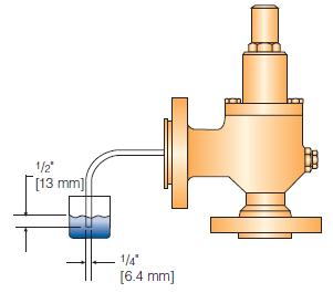 A figura ao lado mostra todo o aparato desse tipo de teste: Dispositivo contador de bolhas montado no flange de saída de uma válvula de segurança e/ou alívio.