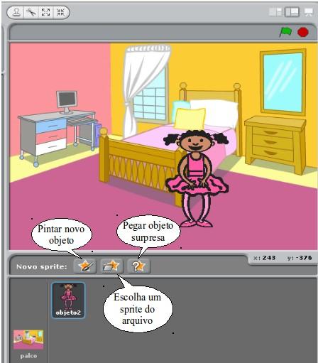 Para inserir ou criar outros objetos, utilizar os botões de Novo sprite.