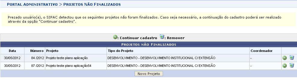 Submeter Projeto São listados todos os projetos em