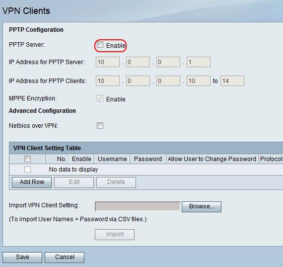 Etapa 2. Para endireitar do servidor de PPTP, verifique a caixa de seleção da possibilidade para permitir mudanças ao servidor de PPTP. Etapa 3.