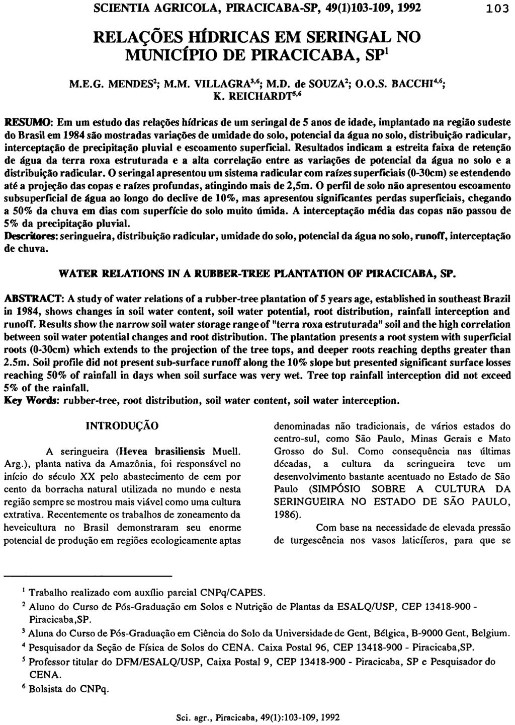 RELAÇÕES HÍDRICAS EM SERINGAL NO MUNICÍPIO DE PIRACICABA, SP 1 M.E.G. MENDES 2 ; M.M. VILLAGRA 3,6 ; M.D. de SOUZA 2 ; O.O.S. BACCHI 4,6 ; K.