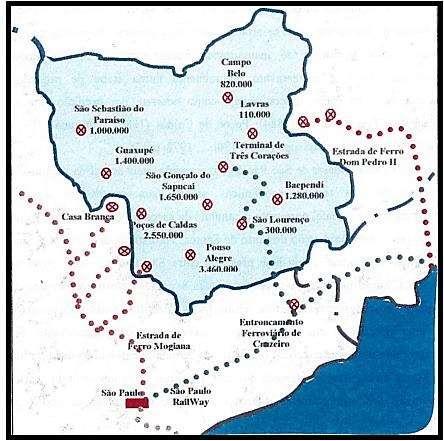 18 Figura 1 - Áreas produtoras de café, população cafeeira e linhas ferroviárias do sul de Minas Gerais em 1884. (FILETTO, 2000).