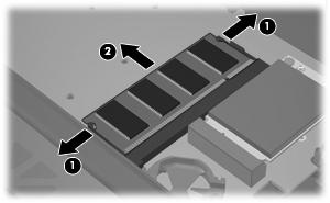 b. Segure a borda do módulo de memória (2) e puxe-o cuidadosamente para fora do slot. Para proteger um módulo de memória após a remoção, coloque-o em um recipiente à prova de eletrostática. 14.