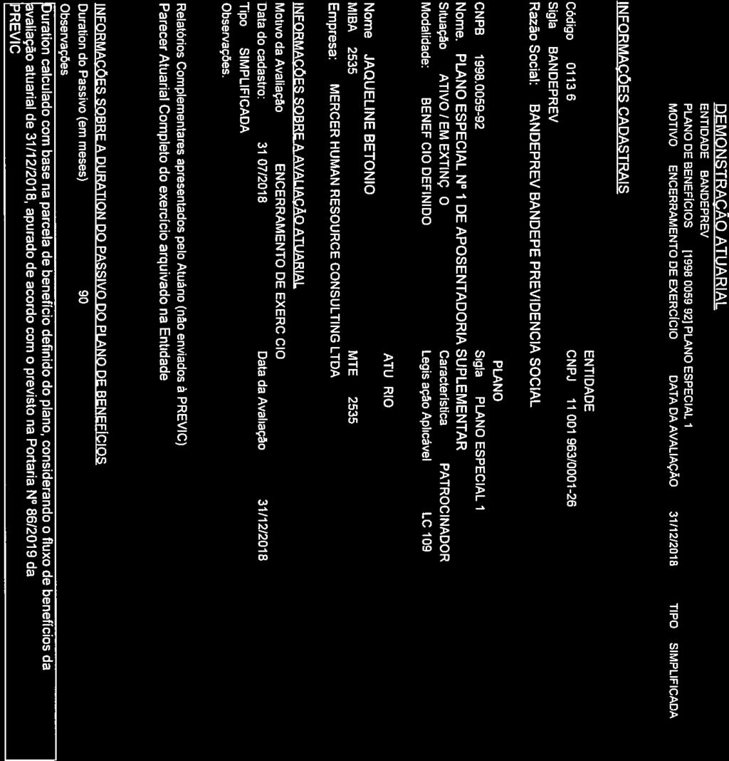 Observações: MTE: - --.;;% DEMONSTRACÃO ATUARIAL ENTIDADE: SANDEPREV PLANO DE BENEFÍCIOS: [1 998.