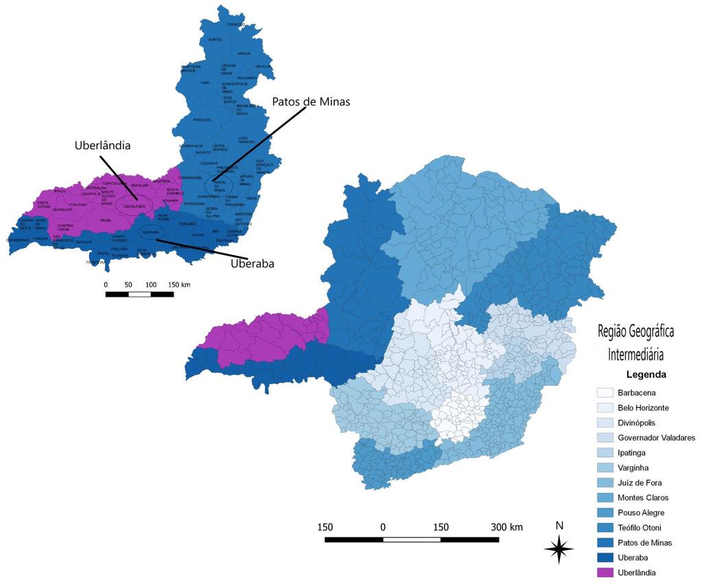 FIGURA 1 Regiões Geográficas Intermediárias de Uberlândia, Uberaba e Patos de Minas, com destaque para os municípios polos, Estado de Minas Gerais, Brasil 2017.