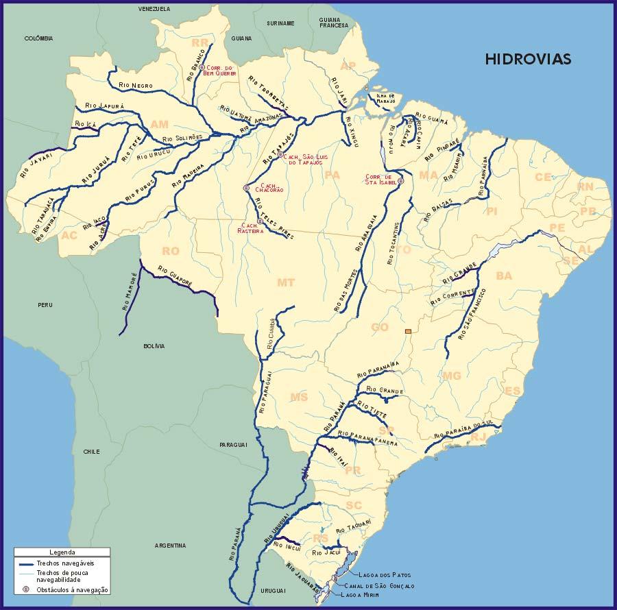 Observa-se que dos 26.662 km apresentados na tabela 3, o Brasil utiliza, de fato, apenas cerca de 10.000 km de vias navegáveis para o transporte regular de carga.