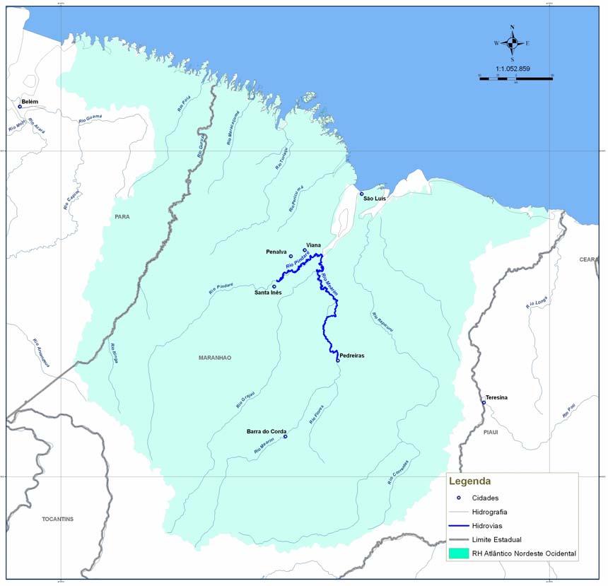 Figura 7 - Hidrovias das Regiões Hidrográficas do Atlântico Nordeste Ocidental O rio Mearim é navegável em uma extensão de 400 km, de sua foz até Pedreiras (MA), e conta com calado mínimo de 1,50 m.
