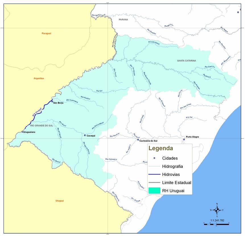 Jacuí-Taquari. A Figura 13 apresenta as vias navegáveis da Região Hidrográfica do Uruguai. Figura 13 Vias Navegáveis da Região Hidrográfica do Uruguai 4.
