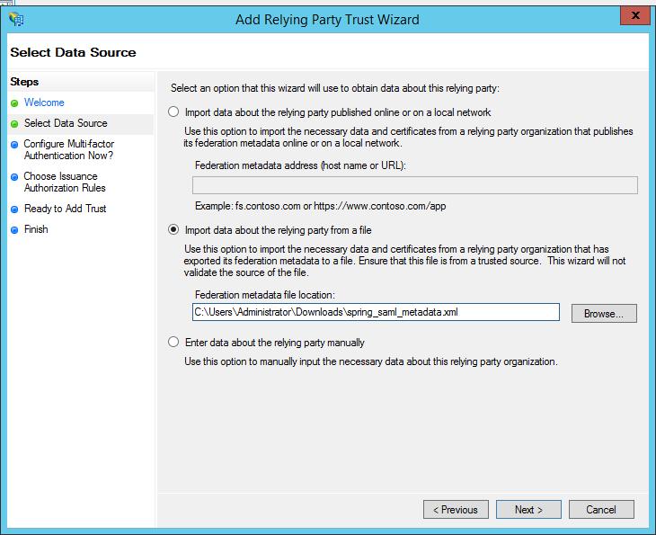 10. Selecione Import data about the relying party