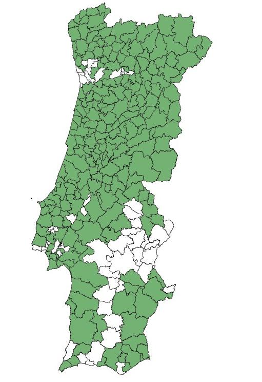 Figura 5: Distribuição Nacional, por concelho, da prospeção realizada em 2016 e 2017.