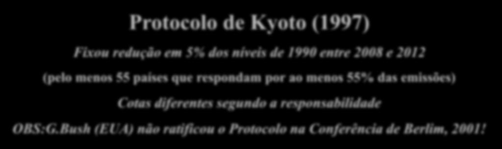 Protocolo de Kyoto (1997) Fixou redução em 5% dos níveis de 1990