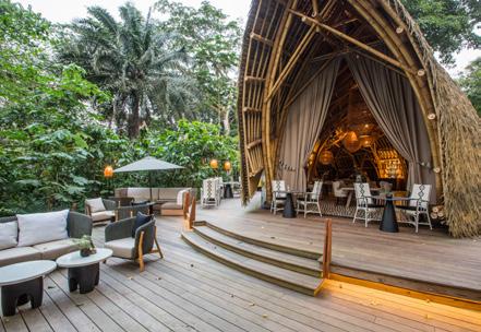 Aqui, os hóspedes podem jantar sob um teto abobadado com uma cobertura de colmo e bambu, ou sob um céu estrelado, contemplando a floresta de um
