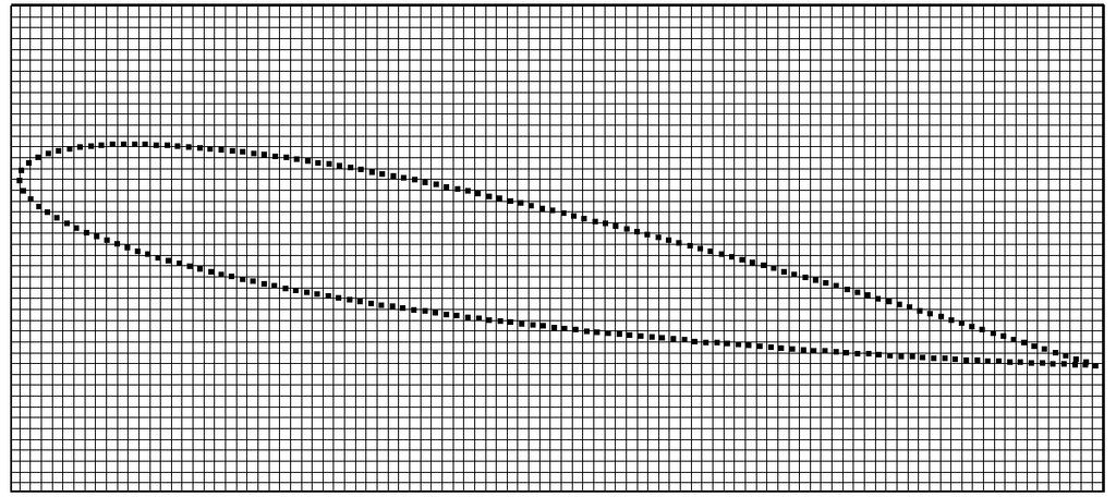 Como nos casos simulados para validação do código, esta malha é cartesiana, construída em um domínio retangular, cujas as dimenções são 9, 0 m em x, 5, 0 m em y e 0, 01 m em z, espessura esta em z