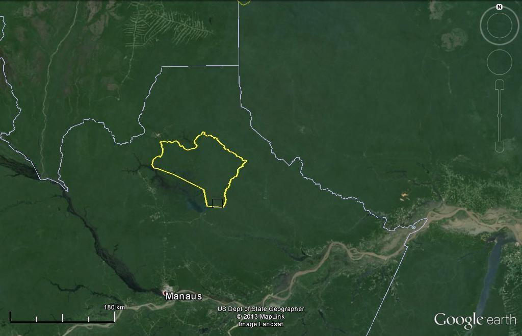 Figura 2. Delimitação da Reserva Biológica do Uatumã (linha amarela) na margem esquerda do lago da UHE de Balbina, Amazonas. (Fonte: imagem landsat, Google Earth 2013).