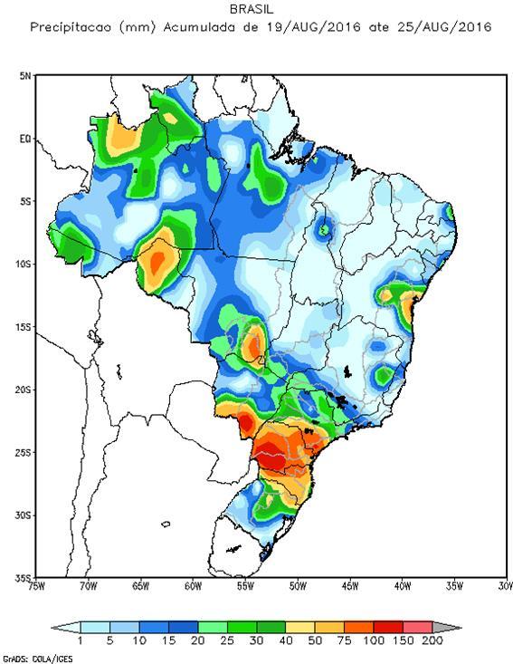 O avanço de uma frente fria, associada a um sistema de baixa pressão, pelas regiões Sul, Sudeste e Centro-Oeste no início da semana ocasionou chuva moderada nas bacias dos rios Iguaçu, Paranapanema e