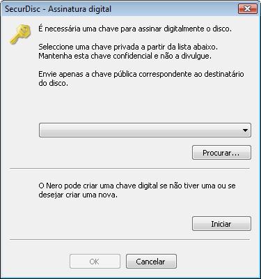 Disco de dados 2. Se já criou uma chave digital, clique no botão Procurar e seleccione a chave. 3. Se pretende criar uma chave digital, clique no botão Iniciar.