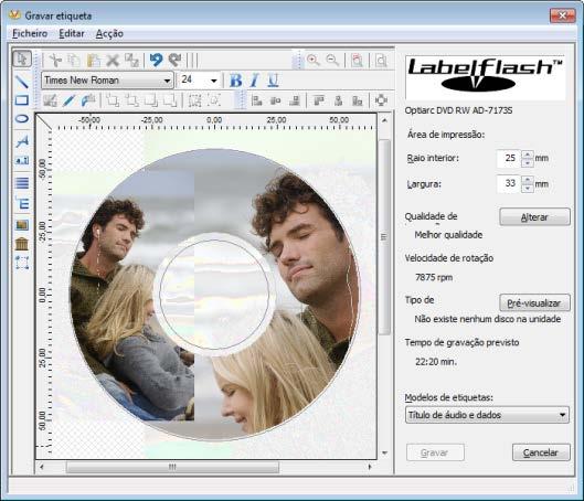 Labelflash 9.1 Janela Gravar Etiqueta Na janela Gravar Etiqueta pode criar ou carregar uma etiqueta e gravá-la num DVD Labelflash.