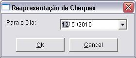 MENU FINANCEIRO CONTROLE DE CHEQUES -> REAPRESENTAR CHEQUES: Siga até o menu: Financeiro -> Controle de Cheques -> Reapresentar cheques.