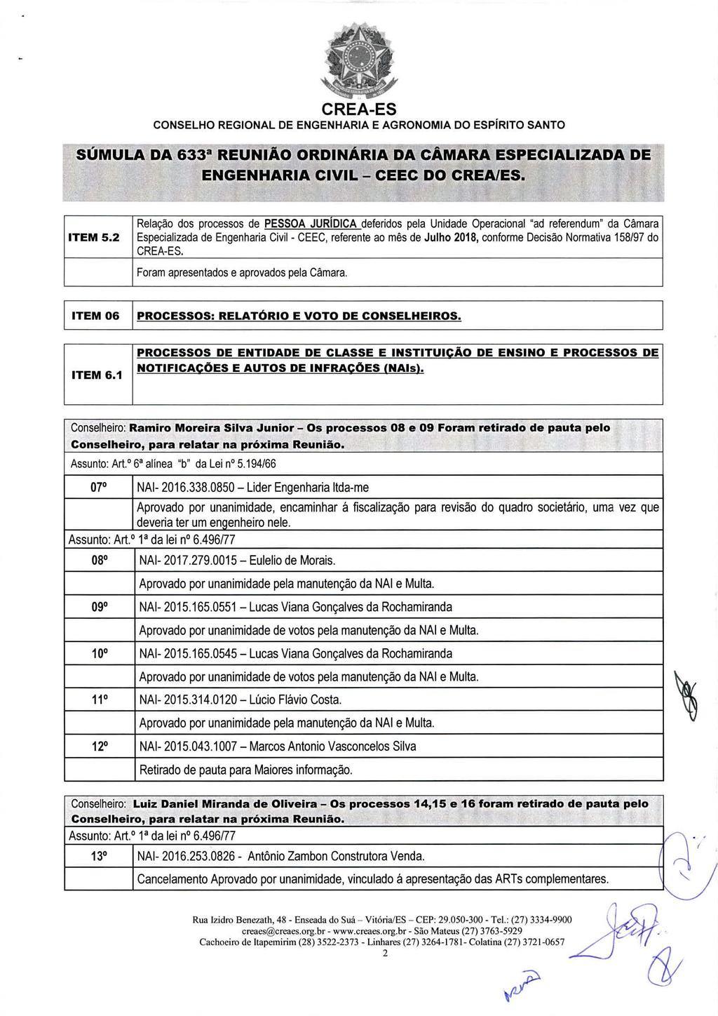 CONSELHO REGIONAL DE ENGENHARIA E AGRONOMIA DO ESPÍRITO SANTO SÚMULA DA 633a REUNIÃO ORDINÁRIA DA CÂMARA ESPECIALIZADA DE ITEM 5.