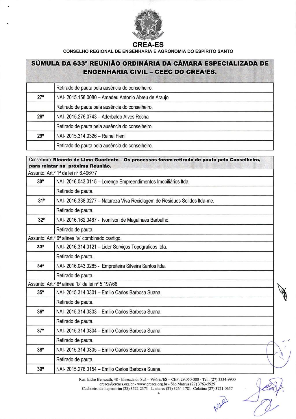 CONSELHO REGIONAL DE ENGENHARIA E AGRONOMIA DO ESPIRITO SANTO SÚMULA DA 633" REUNIÃO ORDINÁRIA DA CÂMARA ESPECIALIZADA DE 27 NAI- 2015.158.0080 Amadeu Antonio Abreu de Araujo 28 NAI- 2015.276.