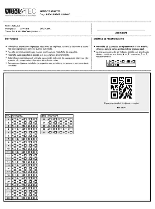 ANEXO IV - MODELO DO CARTÃO RESPOSTA A - O cartão resposta da prova objetiva seguirá o modelo
