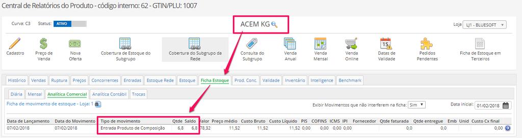 Observe que a distribuição para o ACÉM tem a participação de estoque (peso bruto) em 17% com custo agregado em 19,98%, sendo assim o estoque é alimentado em 6,80Kg e Custo de R$ 11,52.