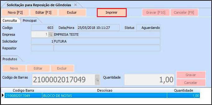 Solicitação para Gôndolas Nesta versão foi adicionado um novo botão para imprimir as solicitações