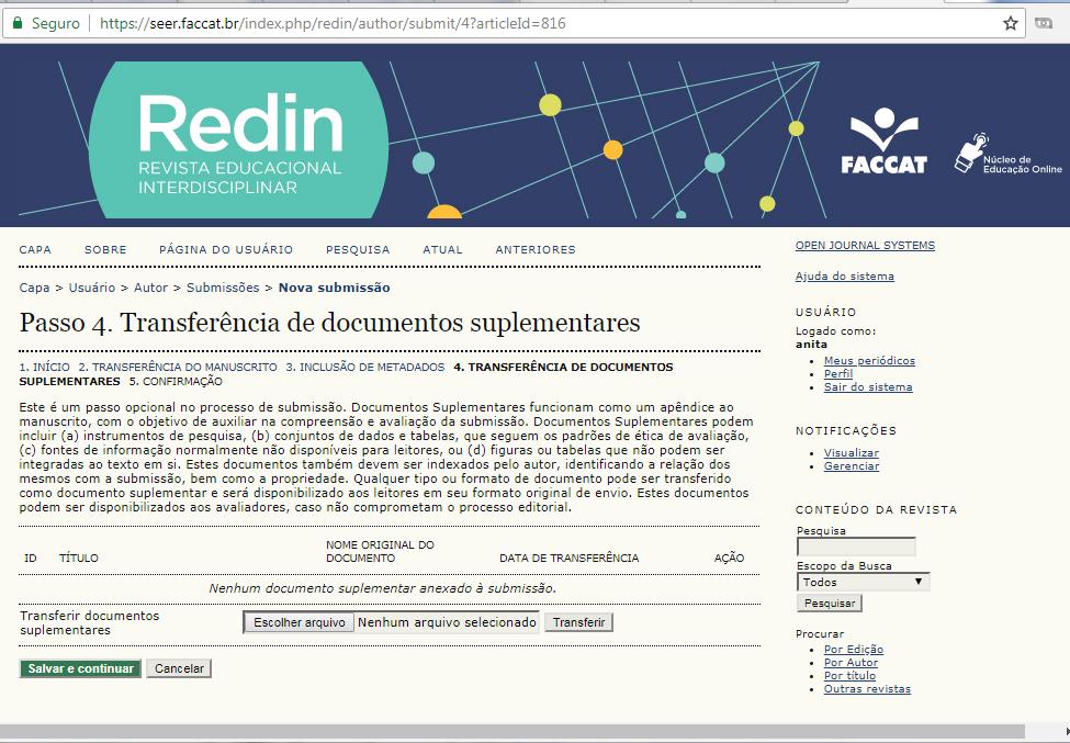 10º Passo: No quarto passo para o envio do seu trabalho, o sistema disponibiliza uma área denominada Arquivos suplementares.