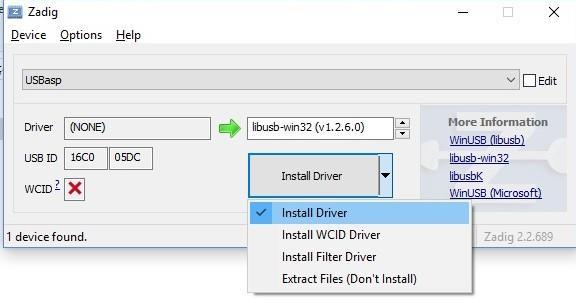 Instruções de instalação do driver de comunicação 1) Colar pasta "Leitor_MAU" na raiz da unidade C: do seu computador; 2) Conectar USBasp a uma porta USB; 3)