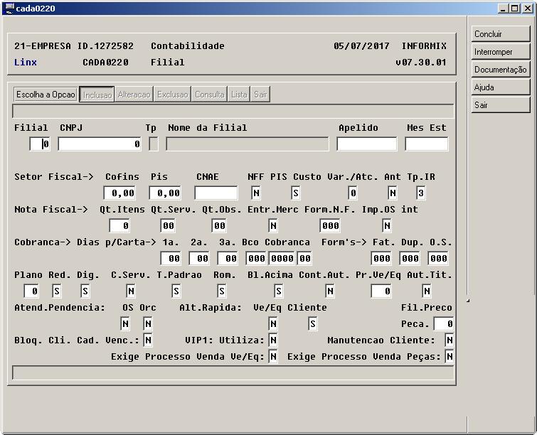 CADA0220 Filial Este programa permite dar manutenção na tabela de Filiais ("COFILIAL").