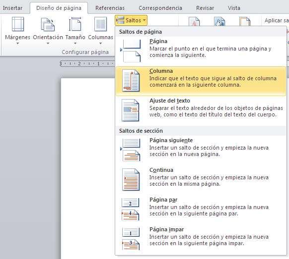 Columnas - Salto de columna Para forzar el inicio de una nueva columna se debe insertar un Salto de Columna.