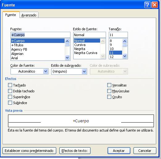 Formato de caracteres - Fuente Acá se encuentran todas las opciones de formato de carácter Opciones de tipo de fuente Cambia el color del texto Agrega efectos al texto Efectos de