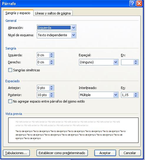 Formato de párrafo p - Sangría a y espacio Puede especificar la configuración del párrafo.