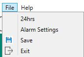 Menus de Arquivo File (Arquivo) Ajuste do relógio para 24 horas / 12 horas Configurações do alarme Guardar os dados gravados para o