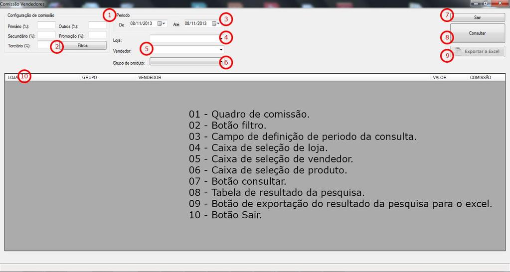 Visualizando o formulário de consulta de comissão dos vendedores.