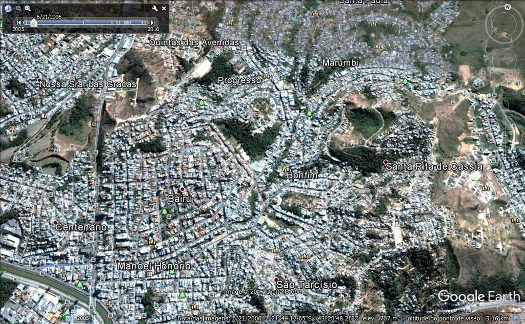 Figura 2: Análise temporal da Bacia do Córrego Matirumbide: a) imagem de 2006 e b) imagem de 2016 a) b) Fonte: Google Earth, 2017.