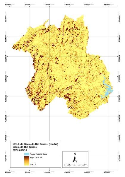 O mapa da USLE para a Bacia do Rio Trussu pode ser observado na Figura 3 com suas especificações na tabela 6. A taxa de erosão media localizada na bacia foi de 39,1 t.ha -1.