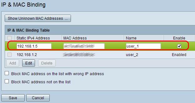 NT apropriado na tabela de ligação IP & MAC para selecionar a entrada encadernada para que