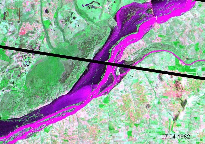 As imagens orbitais da Figura 2 mostram que tal afirmação é procedente, uma vez que a imagem de 1982 foi obtida quando o nível da água em Porto São José era de 6,24 m (18.