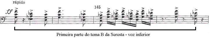 Essa passagem recapitula dois elementos essenciais do primeiro movimento: o tema B, com ritmo e articulação variados, e os acordes quartais que figuraram durante a seção de desenvolvimento.
