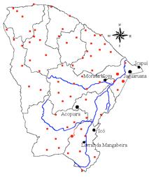 Figura 2 - Mapa do estado do Ceará mostrando a localização das PCD utilizadas e do rio Jaguaribe. Fonte: Melo et al. (2009).