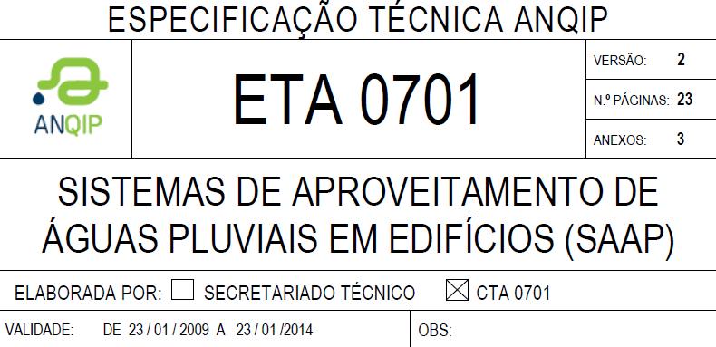 Legislação ETA 0701 Sistemas de aproveitamento de água pluvial em