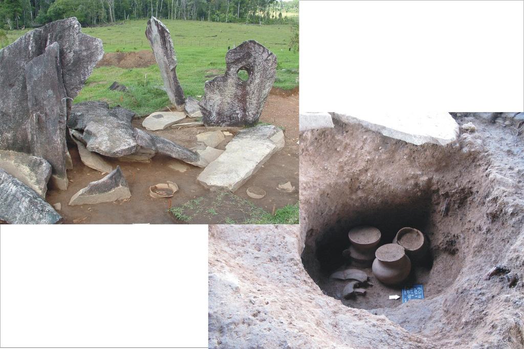 Figura 1: Megalitos e poços funerários da costa atlântica do Amapá Já na costa estuarina do Amapá temos também a presença de poços, porém correlacionados a outros tipos de estruturas.