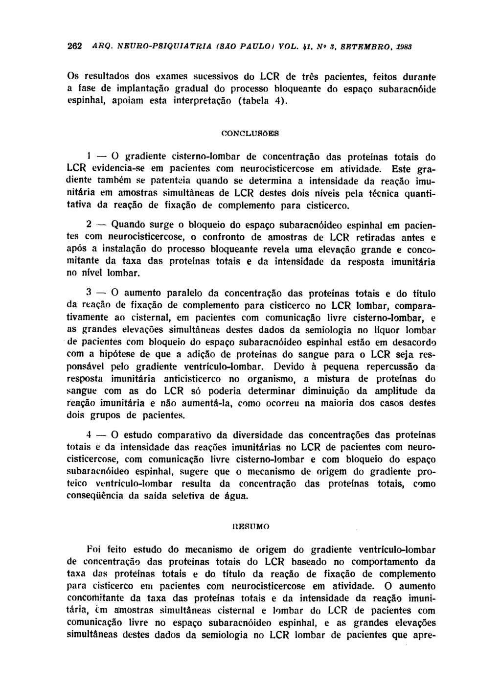 Os resultados dos exames sucessivos do LCR de três pacientes, feitos durante a fase de implantação gradual do processo bloqueante do espaço subaracnóide espinhal, apoiam esta interpretação (tabela 4).