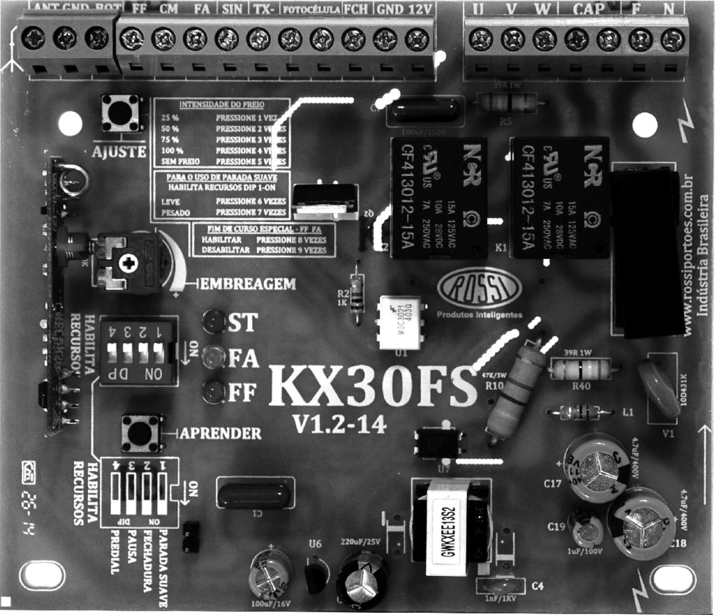 KX 30 FS * Fonte Automática Saída 12V 12V GND Comum Saída Para Placa Fechadura Entrada Fotocélula - RX Negativo(-) TX da fotocélula FS Sinaleira - Luz de garagem FA- Fim de curso aberto CM- comun Fim