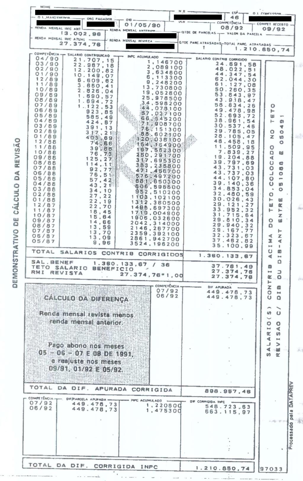 Exemplo II: Benefício concedido em maio de 1990, com limitação do salário de benefício ao teto: DIB => 01/05/1990 RMI revista pelo buraco negro