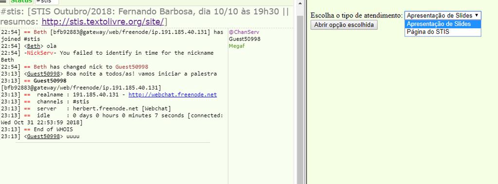 Observe que há um campo para código na parte da direita. Esse código será informado pelo palestrante (se ele optar por utilizar).