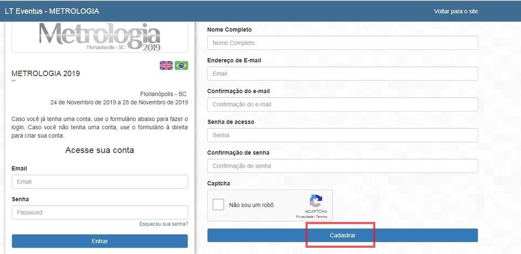 Clique no botão Criar nova conta, posicionado ao lado direito da tela, na área de Acesso do participante,